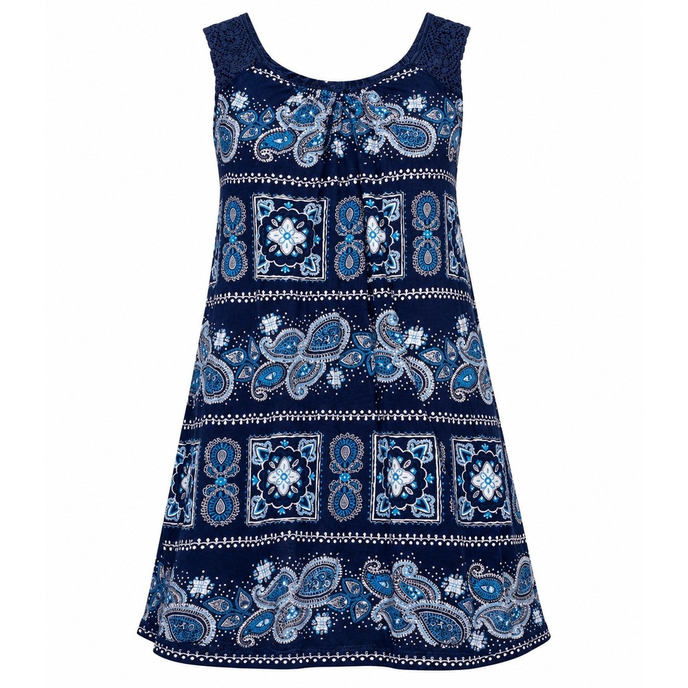 Paisley Tank Top Navy Thick Lace Shoulder Boho Tunic Sleeveless Blue Print M